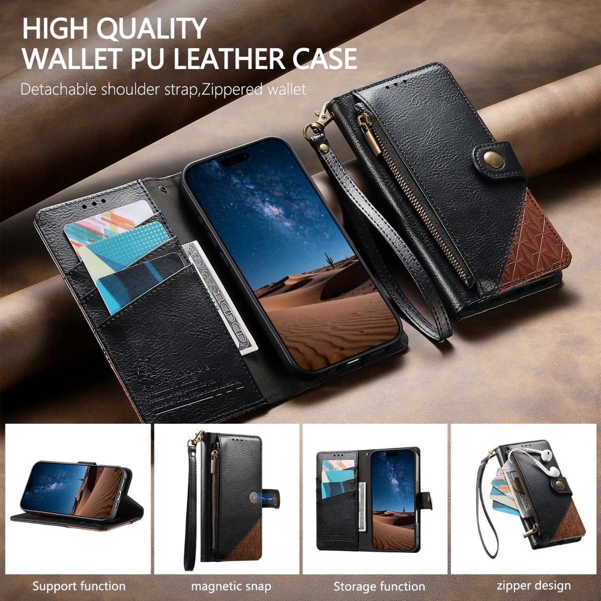 PU Leather Zipper Wrist Strap  – Leather Card Wallet recenzja i cena